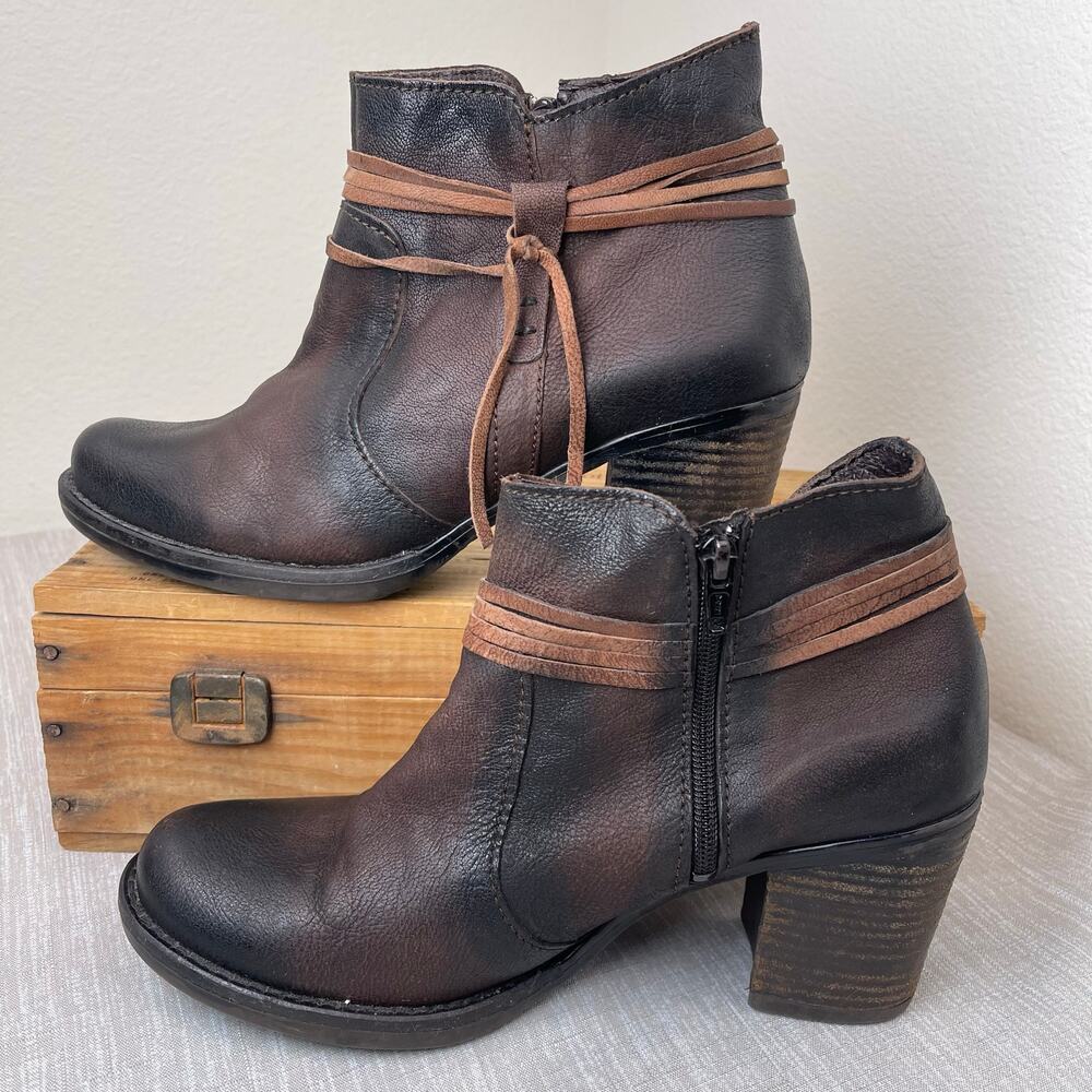 Miz Mooz Women Brown Distressed Leather Wrap Tie Ankle Boots Size 10 Preowned - Picture 3 of 12